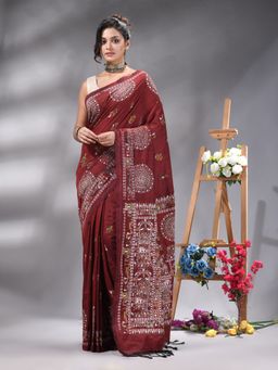 Angoshobha - Maroon Cotton Blend Printed Saree Without Blouse