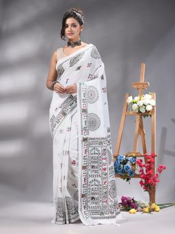 Angoshobha - White Cotton Blend Printed Saree Without Blouse