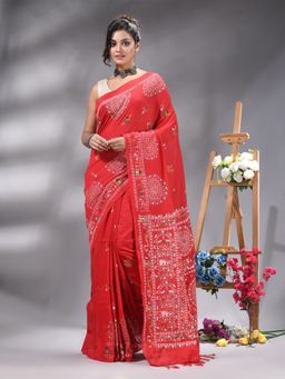 Angoshobha - Red Cotton Blend Printed Saree Without Blouse