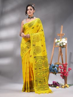 Angoshobha - Yellow Cotton Blend Printed Saree Without Blouse