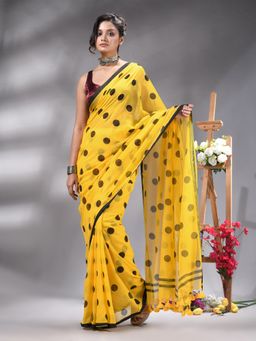 Angoshobha - Yellow And Black Polka Dots Printed Handloom Saree Without Blouse