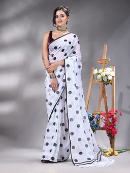 Angoshobha - White And Black Polka Dots Printed Handloom Saree Without Blouse