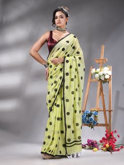 Angoshobha - Lime Yellow And Black Polka Dots Printed Handloom Saree Without Blouse