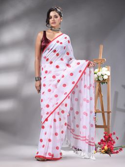 Angoshobha - White And Red Polka Dots Printed Handloom Saree Without Blouse