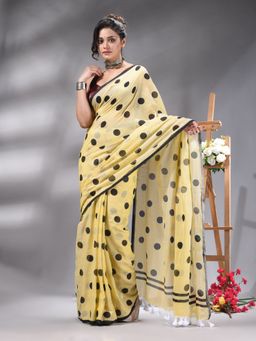 Angoshobha - Pastel Yellow And Black Polka Dots Printed Handloom Saree Without Blouse