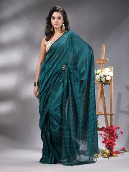 Angoshobha - Deep Teal Handloom Cotton Saree Without Blouse