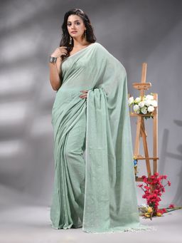 Angoshobha - Sage Green Handloom Cotton Saree Without Blouse