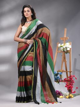 Angoshobha - Multi-Color Colorblock Handloom Cotton Saree Without Blouse
