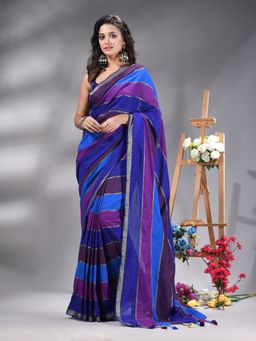 Angoshobha - Blue Colorblock Handloom Cotton Saree Without Blouse