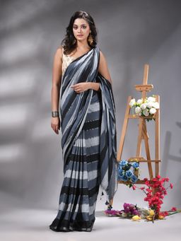 Angoshobha - Black Colorblock Handloom Cotton Saree Without Blouse
