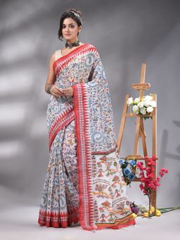 Angoshobha - Red Printed Cotton Blend Saree Without Blouse