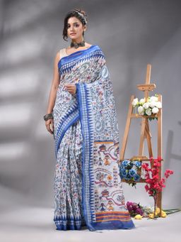 Angoshobha - Dark Blue Cottonblend Printed Saree Without Blouse