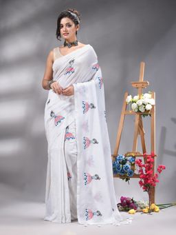 Angoshobha - White Cottonblend Embroidery Tassels Saree Without Blouse