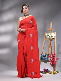 Angoshobha - Red Cotton Blend Embroidery Tassels Saree Without Blouse