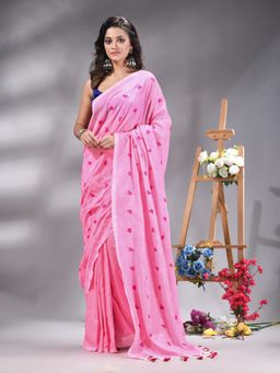 Angoshobha - Pink Cotton Blend Embroidery Saree Without Blouse