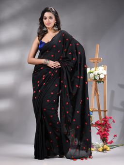 Angoshobha - Black Cotton Blend And Red Motive Embroidery Saree Without Blouse
