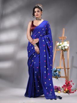 Angoshobha - Blue Cotton blend Embroidery Saree Without Blouse