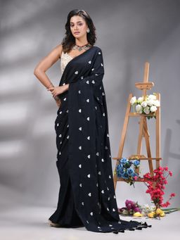 Angoshobha - Black Cotton Blend And White Motive Embroidery Saree Without Blouse