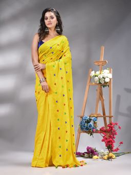 Angoshobha - Yellow Cotton Blend Embroidery Saree Without Blouse