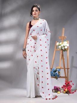 Angoshobha - White Cotton Blend Embroidery Saree Without Blouse