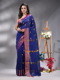 Angoshobha - Blue Cotton Blend Floral Embroidery Saree Without Blouse