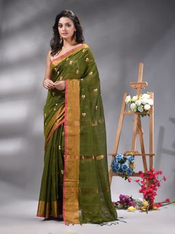 Angoshobha - Olive Cotton Blend Floral Embroidery Saree Without Blouse