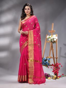 Angoshobha - Hot Pink Cotton Blend Floral Embroidery Saree Without Blouse
