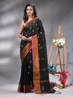 Angoshobha - Black Cotton Blend Floral Embroidery Saree Without Blouse