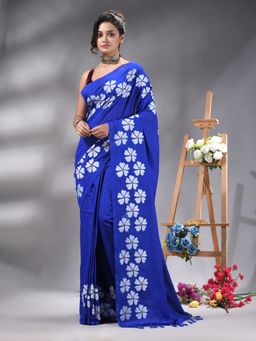 Angoshobha - Royal Blue Flower Printed Handloom Saree Without Blouse