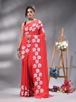 Angoshobha - Red Flower Printed Handloom Saree Without Blouse