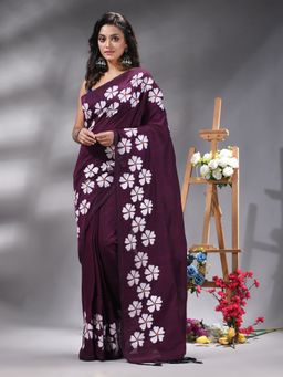 Angoshobha - Wine Colour Flower Printed Handloom Saree Without Blouse