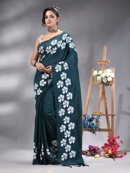 Angoshobha - Bottle Green Colour Flower Printed Handloom Saree Without Blouse