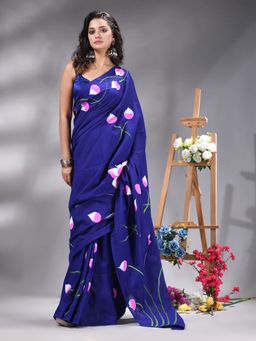 Angoshobha - Blue Colour Lotus Flower Printed Handloom Saree Without Blouse