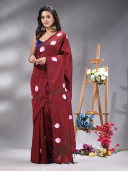 Angoshobha - Maroon Colour Lotus Flower Printed Handloom Saree Without Blouse