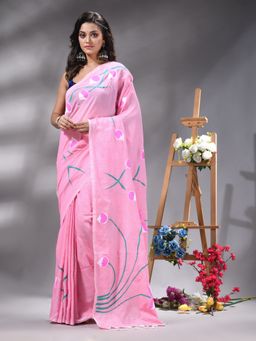 Angoshobha - Pink Colour Lotus Flower Printed Handloom Saree Without Blouse