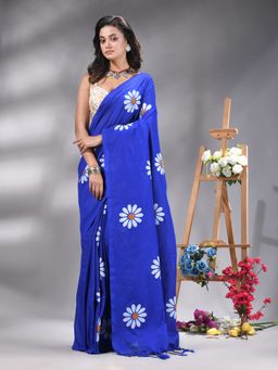 Angoshobha - Royal Blue Colour Flower Printed Handloom Saree Without Blouse