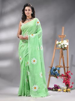 Angoshobha - Bright Lime Colour Flower Printed Handloom Saree Without Blouse