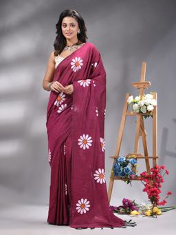 Angoshobha - Magenta Colour Flower Printed Handloom Saree Without Blouse
