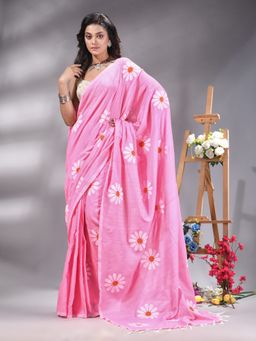 Angoshobha - Pink Colour Flower Printed Handloom Saree Without Blouse