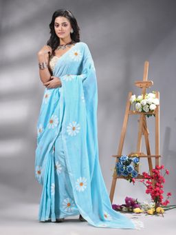 Angoshobha - Sky Blue colour Flower Printed Handloom Saree Without Blouse