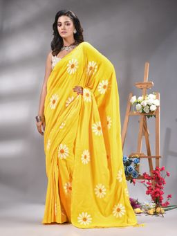 Angoshobha - Yellow Colour Flower Printed Handloom Saree Without Blouse