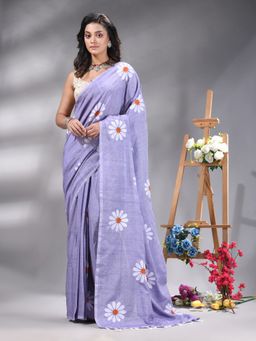 Angoshobha - Dusty Lavender Colour Flower Printed Handloom Saree Without Blouse