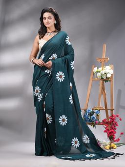 Angoshobha - Rama Green Colour Flower Printed Handloom Saree Without Blouse