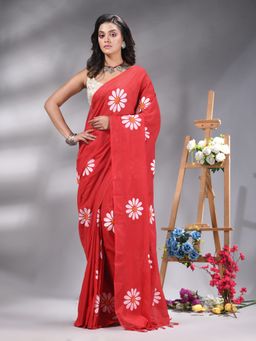 Angoshobha - Red Colour Flower Printed Handloom Saree Without Blouse