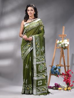 Angoshobha - Olive Cotton blend Printed Saree Without Blouse