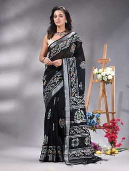 Angoshobha - Black Cotton blend Printed Saree Without Blouse