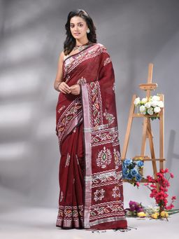 Angoshobha - Maroon Cotton blend Printed Saree Without Blouse