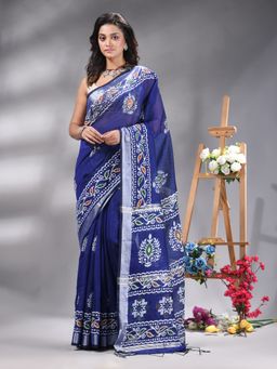 Angoshobha - Blue Cotton blend Printed Saree Without Blouse