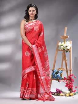 Angoshobha - Red Printed Cotton blend Saree Without Blouse