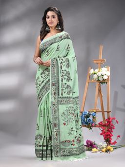 Angoshobha - Light Green Cotton blend Printed Saree Without Blouse